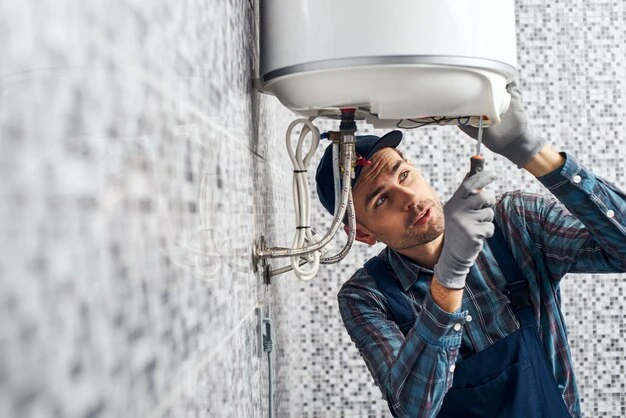 Técnico instalando caldeira de aquecimento elétrico
